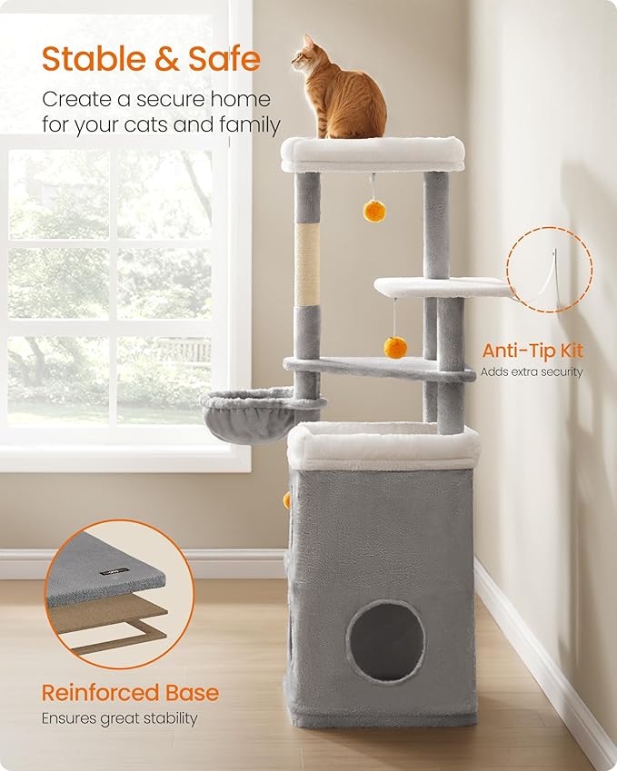 Feandrea Tall Cat Tree Tower, Multiple-Level Cat Condo with 2 Caves, 3 Scratching Posts, 3 Perches, Dove Gray UPCT007G01