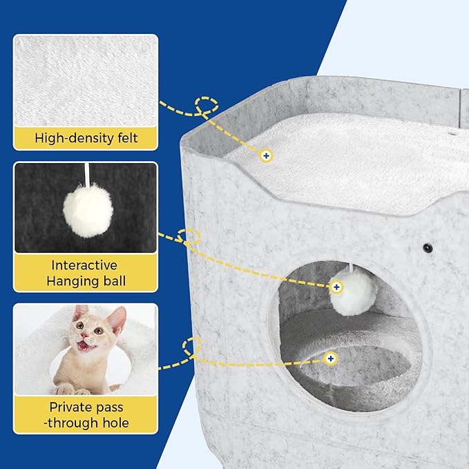 Cat House for Indoor Cats Cat Bed Cave 2-Storey Cats Condo with Cozy Felt Covered Hideaway for Multiple Pets Light Gray