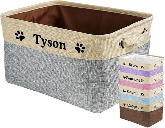 Custom Dog Basket for Toys Collapsible Storage Bin Grey Brow Pink Purple Blue Rectangular Pet Storage Organizer Box with Handles Medium Customized Name
