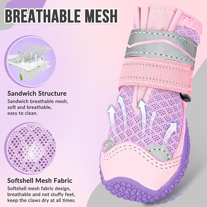 SlowTon Dog Shoes for Large Small Medium Dogs - Breathable Dog Boots for Summer Hot Pavement, Paw Protector for Outdoor Walking Winter Snow, Anti-Slip Rubber Dog Booties for Hard Floor (Pale Pink, 0)