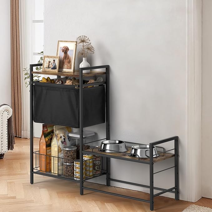 Elevated Dog Bowl Stand with Toy Bin Basket, 4 Height Adjustable Raised Feeding Station Cabinet, Lifted Food and Water Bowl Holder, Pet Storage Organizer for Large Medium Small Dogs