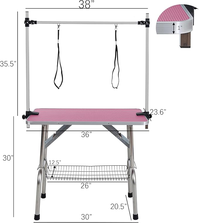 36" Dog Grooming Table Foldable Pet Grooming Tables with Adjustable Arm Noose Storage Mesh Tray Maximum Capacity Up to 330lbs Pink