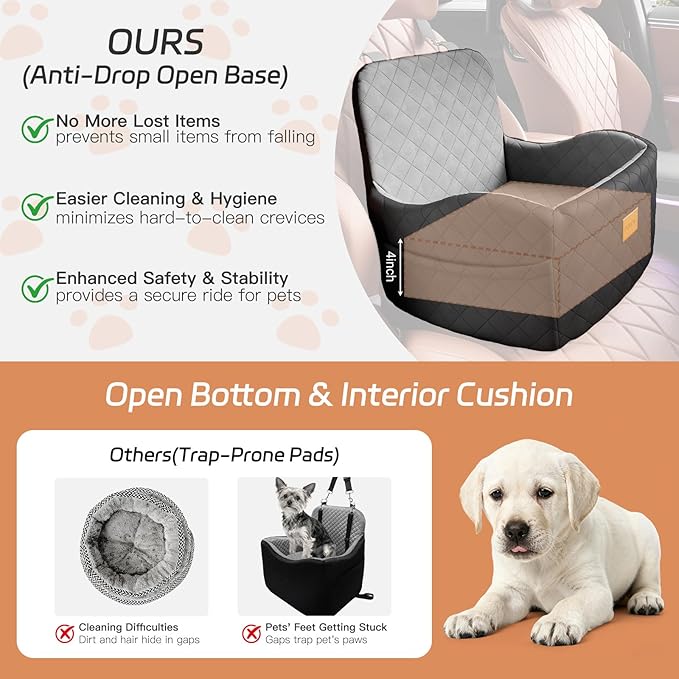 Dog Car Seat for Small/Medium Dogs Under 35lbs, Detachable & Washable Elevated Pet Travel Bed, 2 Storage Pockets & Safety Belt, Anti-Slip Base, Dog Booster Car Seat with Seamless Bottom Design