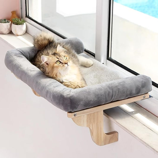 Zakkart Cat Perch for Window Sill with Bolster - Orthopedic Hammock Design with Premium Hardwood & Robust Metal Frame - Cat Window Seat for Large Cats - Natural Color Wood Gray Bed, XLarge 26.4''W