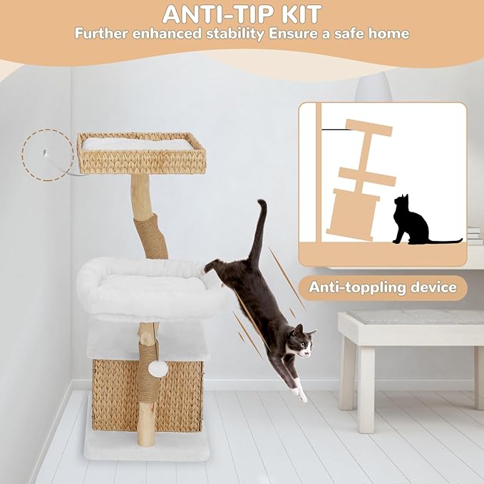 Modern Cat Tree Tower for Indoor Cats - Multi-Level Solid Wood Cat Condo w/Caves, 2 Large Perches, Scratching Posts, Hanging Toy for Large Cats Adult - Luxury Boho Pet Furniture