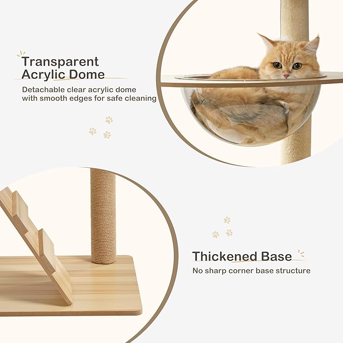 EUREKA ERGONOMIC Cat Tree Tower, 46.5 Inch Modern Cat Tower with Scratching Post, Multi-Level Large Cat Condo Wooden Cat Stand with House, Pompoms, Cat Tree with Scratch Pad (Yellow)