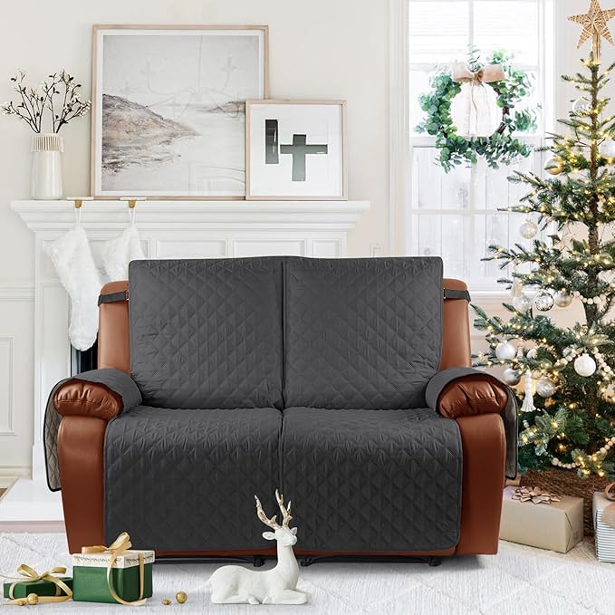 Ruaozz Waterproof Recliner Sofa Cover 1-Piece Couch Covers for Reclining Couches Reclining Sofa Cover Washable Furniture Protector with Elastic Straps Pocket for Kids, Pets (Charcoal Grey, 2 Seater)