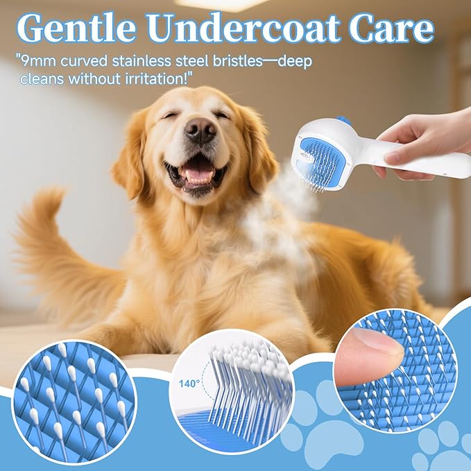 Pet Steam Brush for Dog & Cat - 3-in-1 Steam Grooming Brush for Shedding & Hair Removal - Self Cleaning Spray Comb with Mist for Long Haired Pets - Includes 1*Waterless Shampoo, Blue