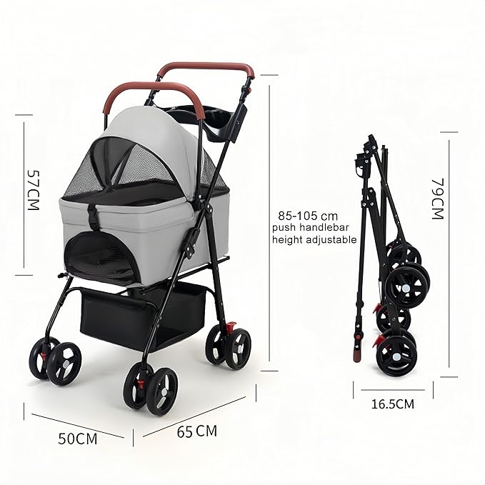 Pet Stroller Pram Dog Carrier Trailer 4 Wheels Foldable Dog with Storage Basket,Holds up to 44 lbs,Adjustable Handle,Folding Travel Stroller Suitable for Traveling with Cats and Dogs (Grey)