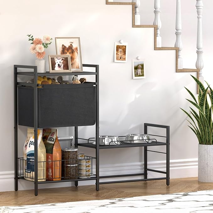 Elevated Dog Bowls, Raised Dog Bowl Stand with Dog Toy Bin Basket Dog Food and Water Bowl Feeding Station, Lifted Dog Bowl Holder Cabinet with Pet Storage Organizer for Large Medium Small Dogs