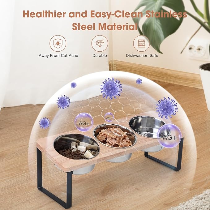 Elevated Cat Bowls with 3 Stainless Steel Bowls, 15° Tilted Raised Cat Food Bowl Wood Pet Bowls with Stand Anti Vomiting 2 Stainless Steel Bowl for Cats and Puppy