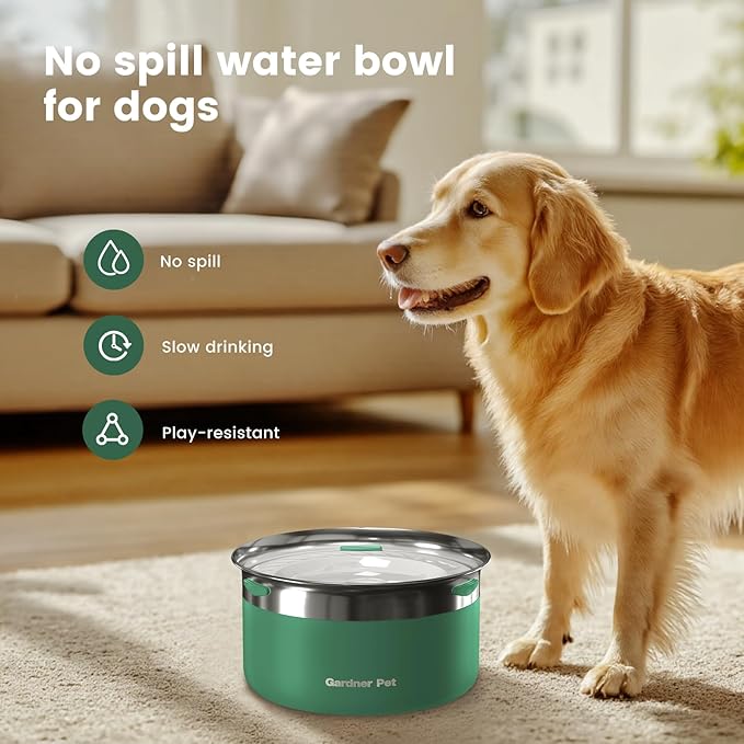 Gardner Pet Dog Bowls 1 Gallon (3.85L) Stainless Steel No Spill Dog Water Bowl, Slow Water Feeder Metal Bowls, Spill Proof Water Dispenser for Large Dogs, Promotes Healthy Hydration(Green)