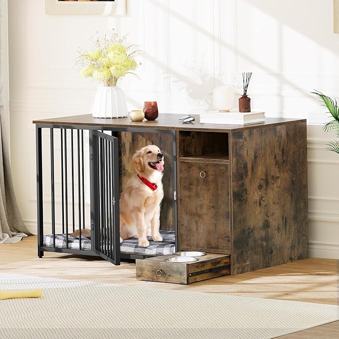YITAHOME Dog Crate Furniture with Feeder Bowls, 55" Large Breed Dog Kennel with Storage Drawer, Heavy Duty Dog House TV Stand Indoor for Medium Dogs, Brown