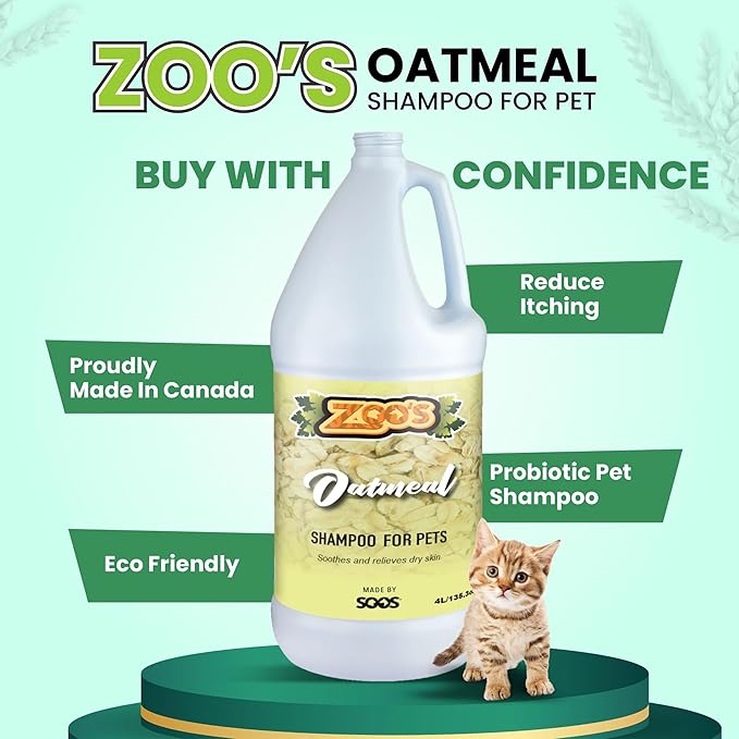 Zoo’s Pet Oatmeal Dog Shampoo for Cats and Pets Fast Absorbing Moisturize Skin Provides Relief to Dry Itchy Skin While Softening Your Pet’s Coat - 1x Dog and Cat Shampoo (4L / 1.32 gal)