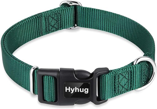 Hyhug Pets Solid Color Classic Regular Heavy Duty Basic Collar for Large Breeds Dogs Daily use, Unique Design Adjustment Triglide Slide Can Attached Name Tag Accessories. (Large, Dark Green)