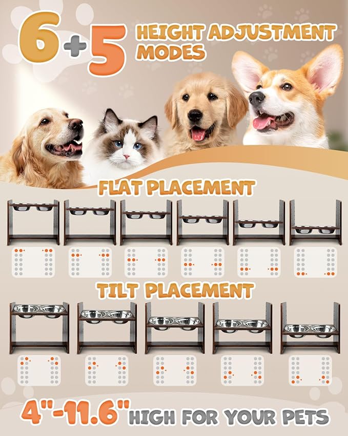 Elevated Dog Bowls, Adjustable Raised Dog Bowl Stand for Medium Size Dogs and Cats, Durable Bamboo Dogs Feeder with 2 Stainless Steel Bowls and Non-Slip Feet, Pet Food Bowl for Medium Sizes