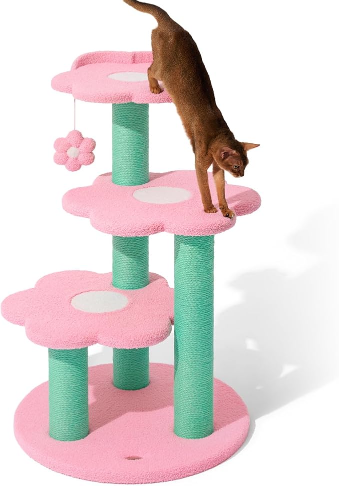VETRESKA 39.8" Cat Tree Multi-Level Cat Tower with Platform, Sisal Scratching Posts with Hanging Blossom Toy, Indoor Cats Furniture Activity Center for Large Cats Kittens, Pink Flora