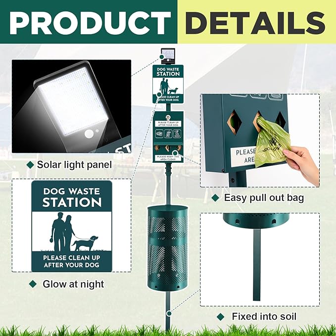 Dog Waste Station with Solar Panels Outdoor LED Galvanized Steel Dog Trash Bin with Poop Bag Dispenser Light up at Night Rust Proof Pet Trash Station for Commercial Park Backyard