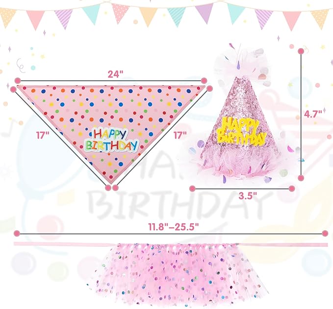 SCENEREAL Dog Birthday Bandana with Hat and Dress Girl Set, Puppy Birthday Party Supplies, Cute Pink Tutu Skirt Outfit for Small Medium Large Dogs