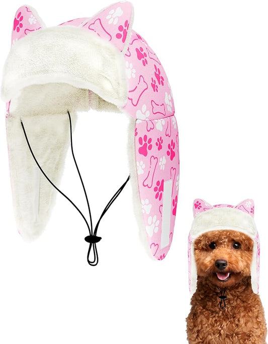 PET SHOW Dog Trapper Hat Winter Hat for Small Dogs Warm Fleece Aviator Hats with Ear Flaps Adjustable Outdoor Girl Puppy Pet Pilot Costume Cap S-Pink Paw/Without Ear Holes