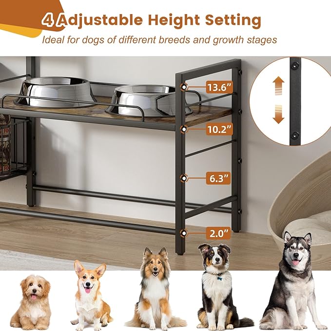 Elevated Dog Bowl Stand with Toy Bin Basket, 4 Height Adjustable Raised Feeding Station Cabinet, Lifted Food and Water Bowl Holder, Pet Storage Organizer for Large Medium Small Dogs
