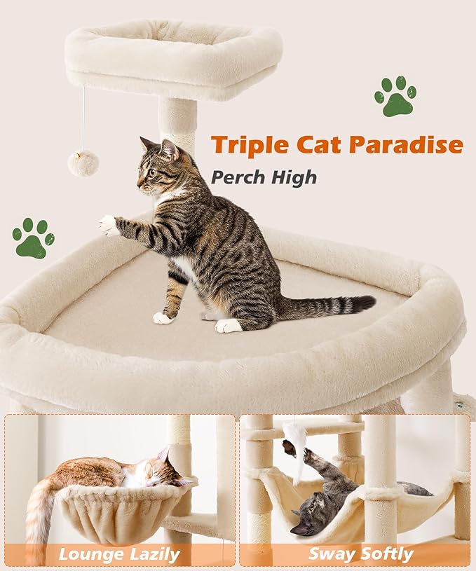 AMHANCIBLE Heavy Duty Cat Tree for Indoor Cats Large Adult 20 lbs+, 83 Inch Multi-Level Tall Cat Tower with Scratching Post and Board, Hammock, Condos, Hanging Basket, Beige, PT21BG