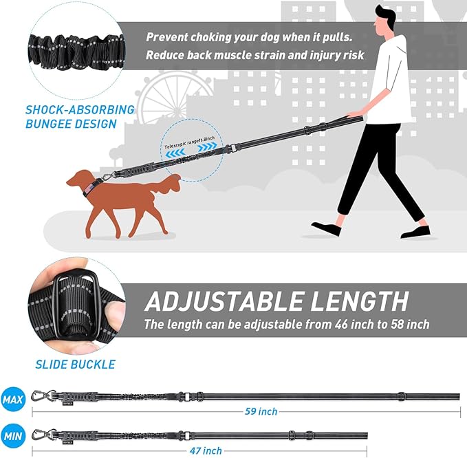 Hotsky Tactical Dog Leash Heavy Duty for Medium Large Dogs That Pull,4-6Ft Strong Bungee Shock Absorbing No Pull Dog Leash with Padded Double Handle and Car Seatbelt,Reflective Black