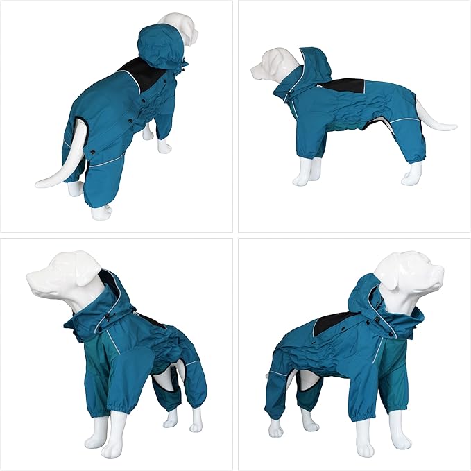 LOVELONGLONG Waterproof Dog Raincoat with Removable Hood – Outdoor Full Body Dog Jacket, Windproof Snowproof Shell Suit – All Season Pet Rain Gear Ocean Teal XS