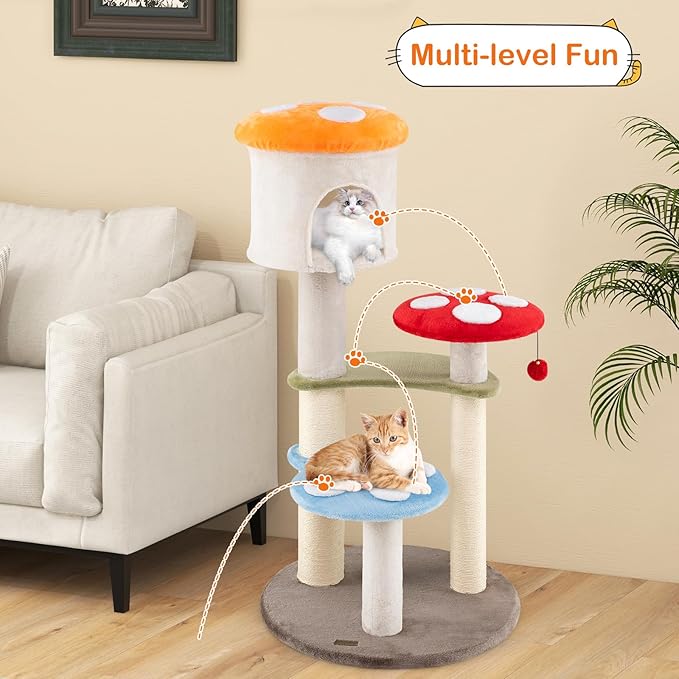 PETSITE Mushroom Cat Tree, Multi-Level Cute Cat Tree Tower with Sisal Scratching Posts, Cat Condo, Soft Plush Perches, and Dangling Toys for Indoor Cats (48 Inch)