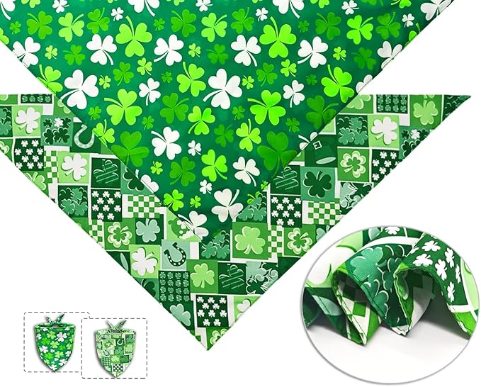 St. Patrick's Day Dog Bandanas, Irish Shamrock Design Scarves, Holiday Costumes, Pet Scarves for Boys and Girls, Dog Outfit Gifts for Medium to Large Dogs (Green, 2PCS)