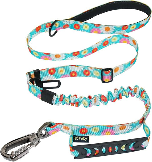 Hotsky Tactical Dog Leash Heavy Duty for Medium Large Dogs That Pull,4-6Ft Strong Bungee Shock Absorbing No Pull Dog Leash with Padded Double Handle and Car Seatbelt,Daisy