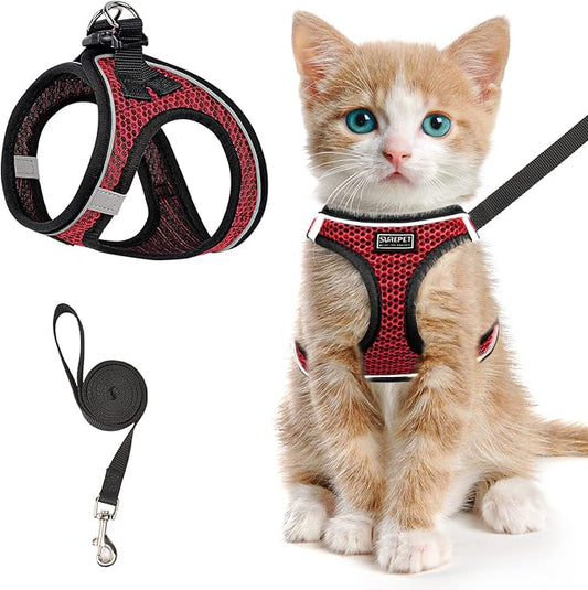 Cat Harness and Leash for Walking Escape Proof, Adjustable Kitten Vest Harness Reflective Soft Mesh Puppy Harness for Outdoor, Comfort Fit, Easy to Control (Red, S)