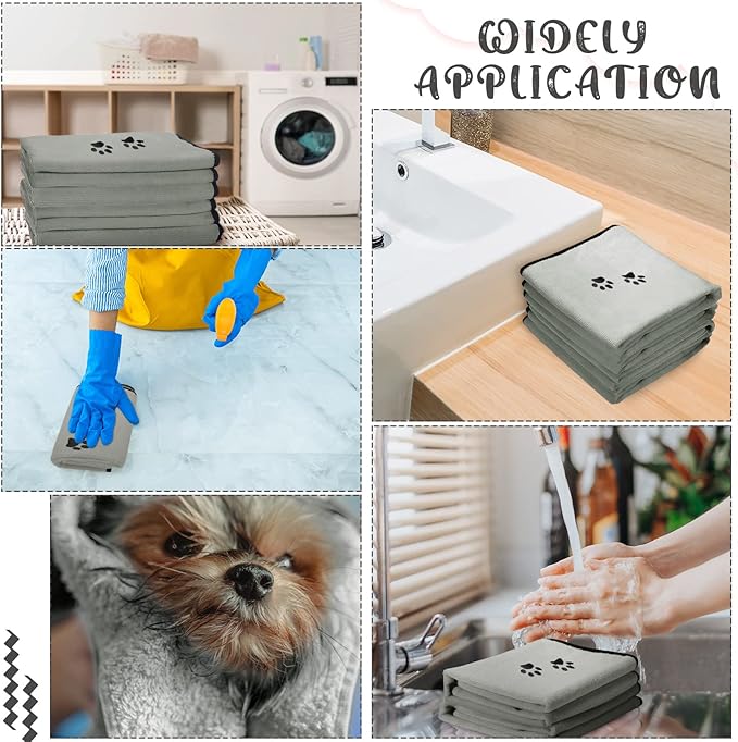 Tegeme 4 Pack Dog Towels for Drying Microfiber Soft Absorbent Pet Bath Towel Dog Drying Grooming Cloth with Embroidered Paw for Pet Cat Bathing Grooming