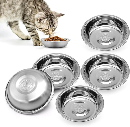 Stainless Steel Cat Bowl-Shallow Wide Flat Cats Food Bowls,Metal Kitten Dishes Whisker Friendly Fatigue Relief,Replacement Basic Kitty Plates for Elevated Stand,Dishwasher Safe（Set of 5）