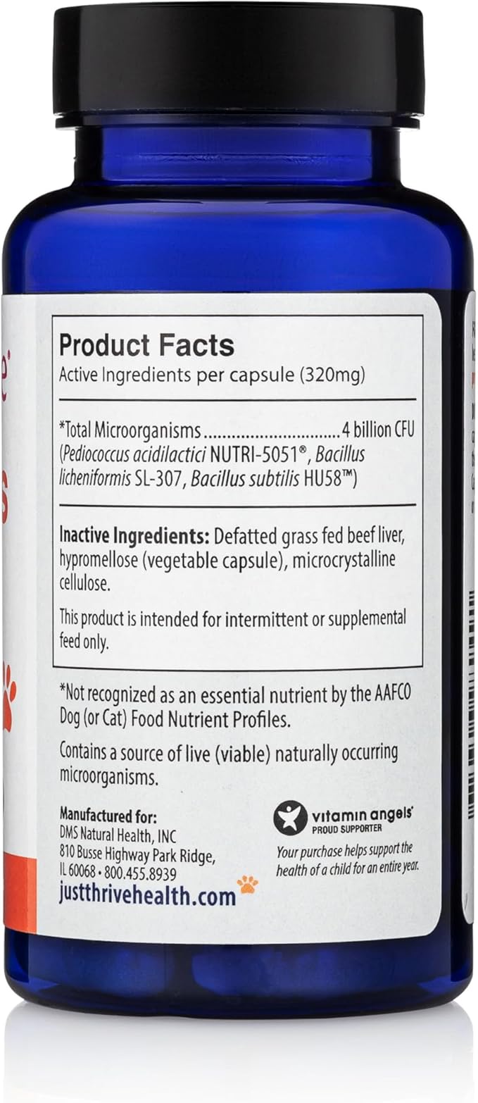 Just Thrive Just Pets Probiotic - Daily Digestive Probiotics for Dogs and Cats - 4 Billion CFUs Pet Probiotic, 30 Capsules