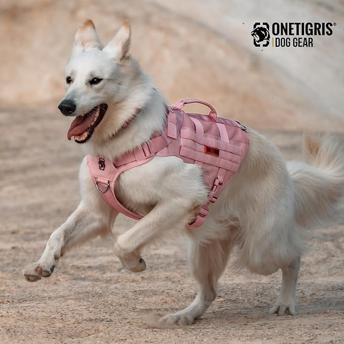 OneTigris Tactical Dog Harness for Small Dog, No Pull Small Dog Vest Harness with Handles Breathable Military Dogs Molle Vests for Walking Hiking Training (Pink, Medium)