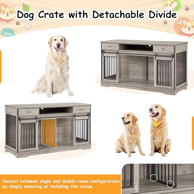 3-in-1 Double Dog Crate Furniture, 66.1 Inch Grey Furniture Style Dog Crates for 2 Dogs with Divider, Dog Kennel TV Stand with 2 Drawers and Sliding Doors