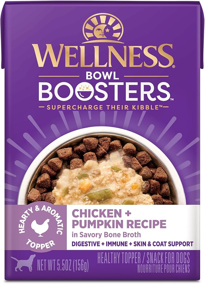 Wellness Bowl Boosters Hearty Toppers, Wet Dog Food Topper for Small, Medium, & Large Breeds, Grain Free, Natural, Chicken & Pumpkin in Broth, 5.5 Ounce Pouch (Pack of 12)