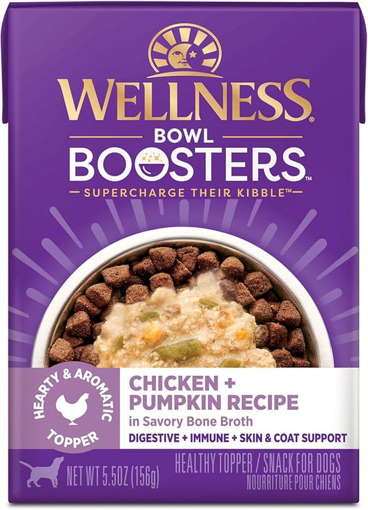 Wellness Bowl Boosters Hearty Toppers, Wet Dog Food Topper for Small, Medium, & Large Breeds, Grain Free, Natural, Chicken & Pumpkin in Broth, 5.5 Ounce Pouch (Pack of 12)