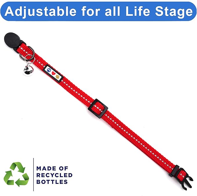 Pawtitas Recycled Cat Collar with Reflective Stitched and Safety Buckle Removable Bell Reflective Cat Breakaway Collar Made from Plastic Bottles - Red Chili Cat Collar.