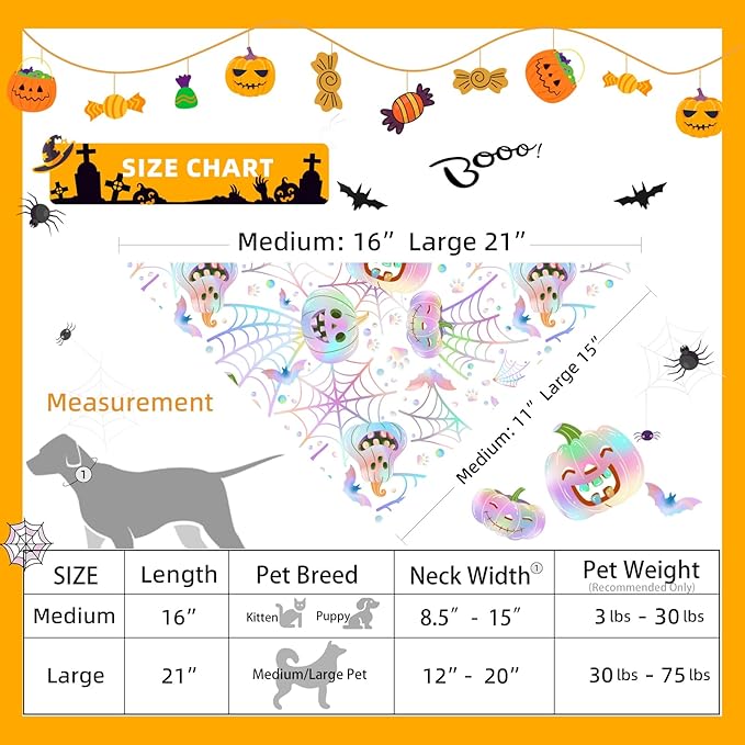 Halloween Dog Pumpkin Bandanas Costumes Cute Pastel Rainbow Gradient Holiday Pet Bandana Triangle Scarf with Snap Button, 30-75lbs, Medium and Large Breed