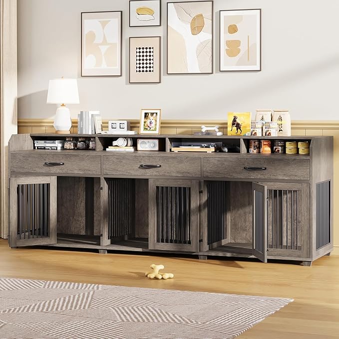 AMERLIFE 95" Large Dog Crate Furniture with Storage, 3-Room Indoor Wooden Dog Kennel for Large/Medium Dogs, TV Stand & Sideboard with Drawers & Removable Divider, Grey