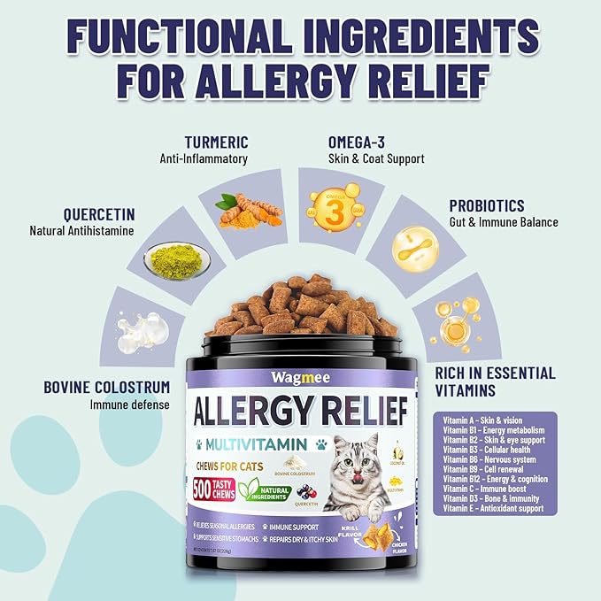 Cat Allergy Relief Chews – 500 Crunchy & Creamy Treats for All Breeds – Cat Itchy Skin & Seasonal Allergy Relief with Multivitamin and Omega-3 for Skin Health, Chicken & Krill Flavor
