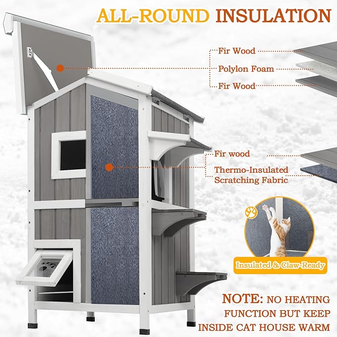 PetsCosset Insulated Cat House Outdoor Weatherproof All-Round Insulation Two Story Outside Wooden Feral Cat Shelter for Winter with 2 Escape Doors, Pull Out Floor and Openable Roof for Cats, Grey