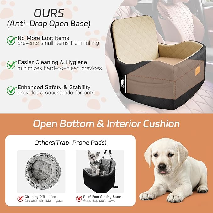 Dog Car Seat for Small/Medium Dogs Under 35lbs, Detachable & Washable Elevated Pet Travel Bed, 2 Storage Pockets & Safety Belt, Anti-Slip Base, Dog Booster Car Seat with Seamless Bottom Design