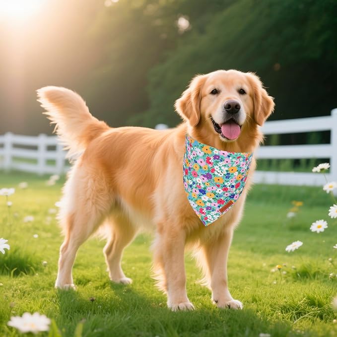 PTDECOR Floral Dog Bandana, Flower Reversible Pets Scarf, Premium Durable Fabric, Adjustable Pink Green Bandanas for Medium Large Dogs Pets (Large)