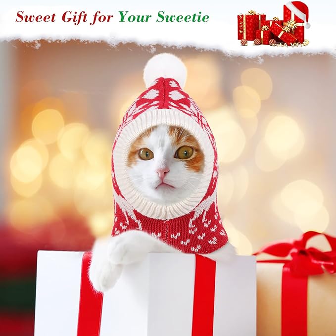 Pawaboo Christmas Pet Hat for Dogs, Funny Knitted Xmas Cap with Pom-Pom, Crocheted Snood Winter Warm Ear Flap Hat, Neck Warmer Hood Scarf for Medium Dogs, Party Decoration Gift, XS, Xmas Elk Red