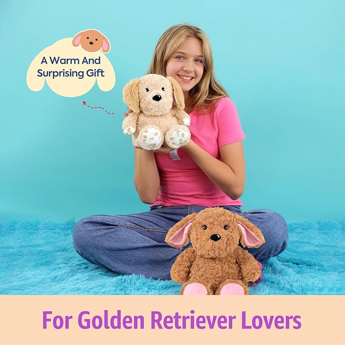 Ditucu Original Golden Retriever Microwavable Weighted Stuffed Animal Heated Dog Plush for Warmth Comfort Period Cramps Pain Plushies Toys Gifts for Kids Adults Dark Brown 9 inch