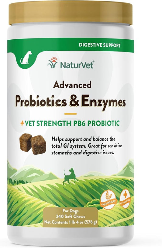 NaturVet Advanced Probiotics & Enzymes, PB6 Dog Soft Chews to Help Sensitive Stomachs and Digestive Issues, Hickory Smoked Bacon Flavored Pet Supplement for Dogs Over 6 Weeks, 240 Count Jar