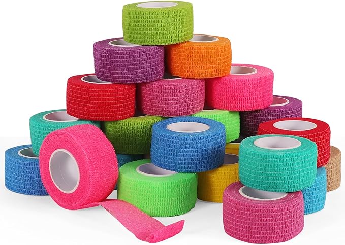 24 Rolls Elastic Self Adhesive Bandage Wrap 1 Inch, Breathable Non Woven Cohesive Bandage, Vet Wrap for Dogs, Ankle Sprains Swelling Medical First Aid Tape, Sports Athletic Tape Color